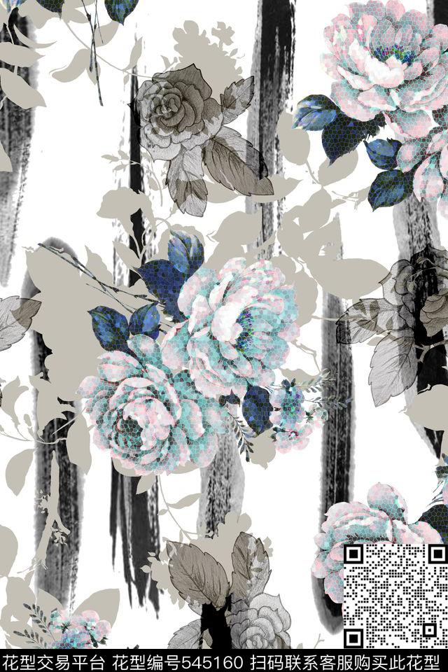 笔触花卉水墨数码印花华亿平台下载（图片编号: 545160） - 瓦栏（Walan）