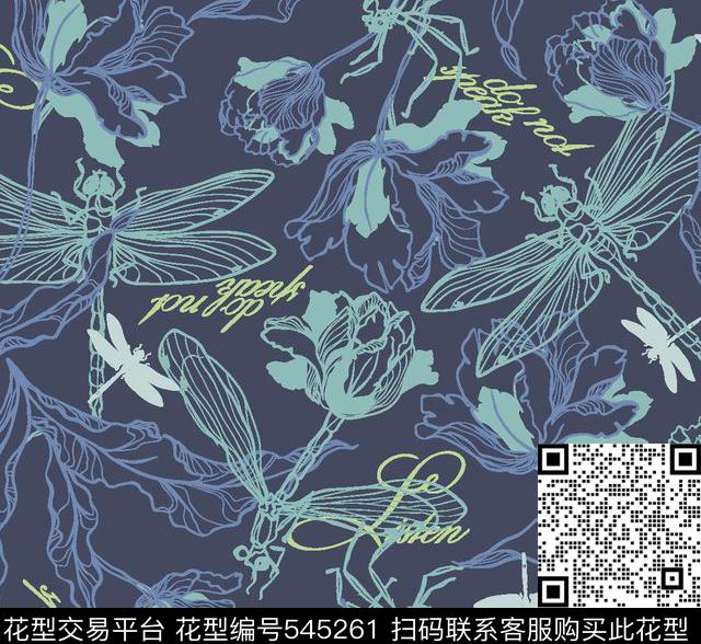 蜻蜓字母叶子传统印花华亿平台下载（图片编号: 545261） - 瓦栏（Walan）