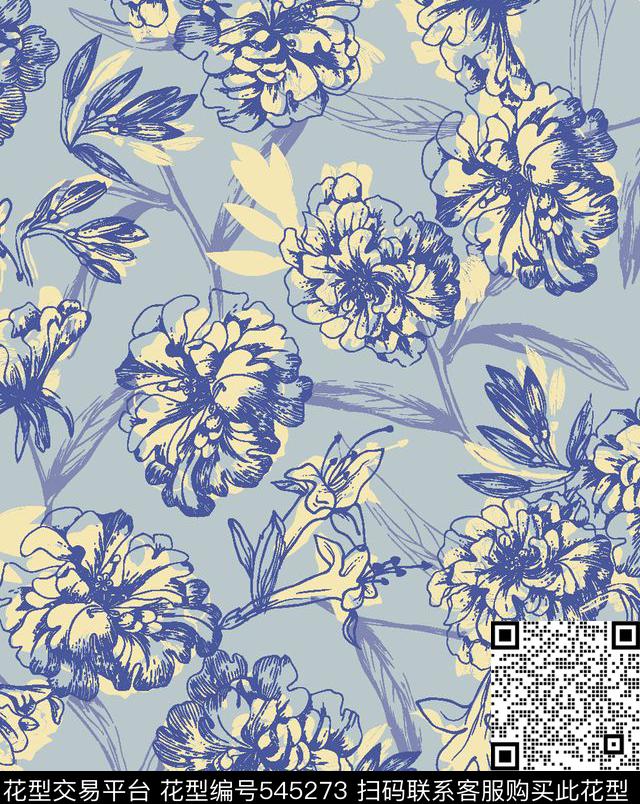 花卉叶子服装传统印花华亿平台下载（图片编号: 545273） - 瓦栏（Walan）