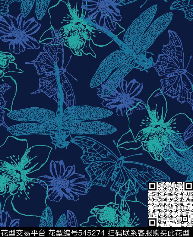 蜻蜓蝴蝶花卉传统印花华亿平台下载（图片编号: 545274） - 瓦栏（Walan）