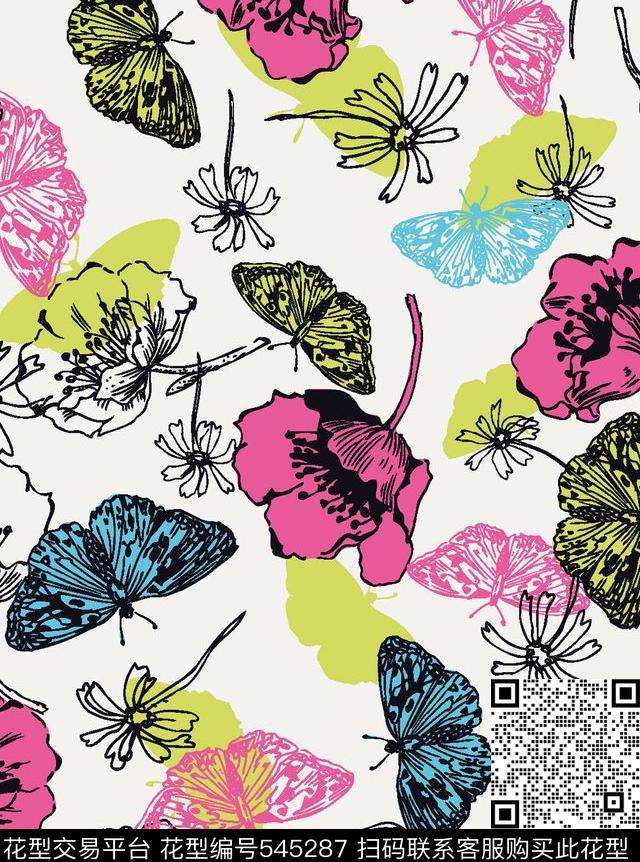 蝴蝶花卉叶子传统印花华亿平台下载（图片编号: 545287） - 瓦栏（Walan）