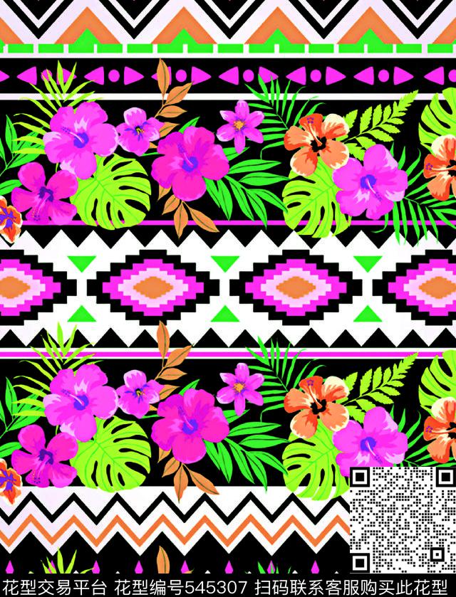 几何鲜花格条传统印花华亿平台下载（图片编号: 545307） - 瓦栏（Walan）