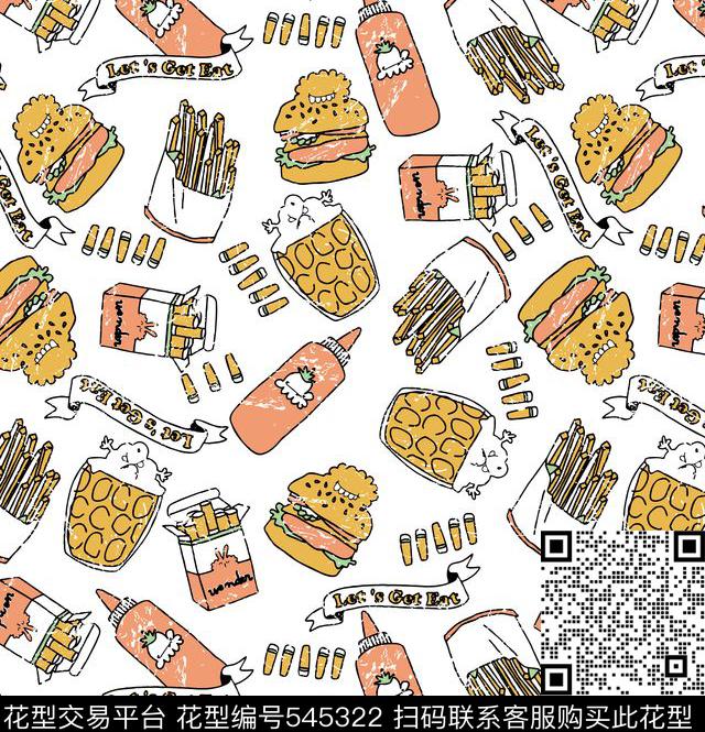 汉堡薯条印花卡通欧美复古传统印花华亿平台下载（图片编号: 545322） - 瓦栏（Walan）