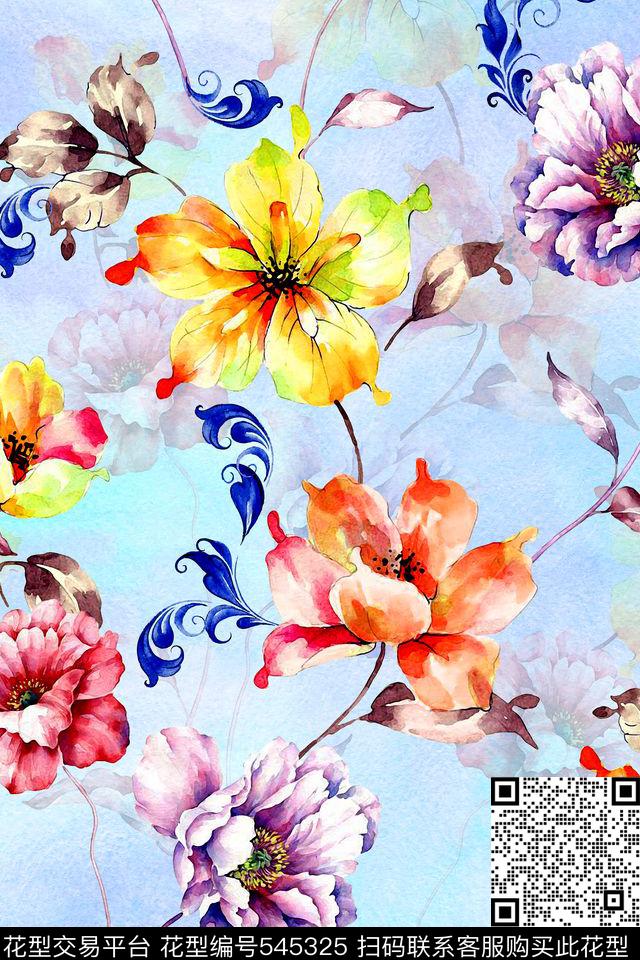 卷草花罂粟水彩画数码印花华亿平台下载（图片编号: 545325） - 瓦栏（Walan）