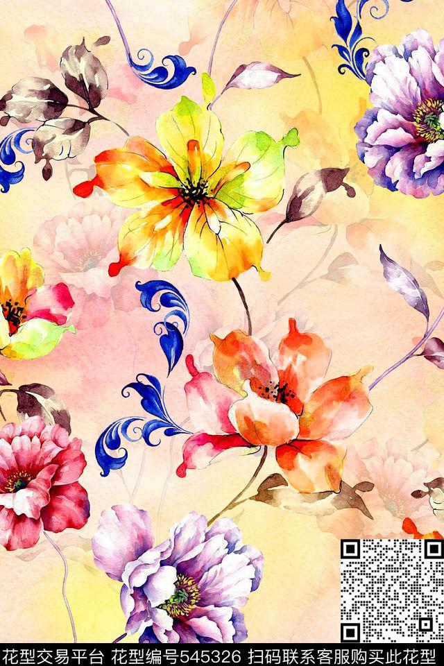 卷草花罂粟水彩画数码印花华亿平台下载（图片编号: 545326） - 瓦栏（Walan）