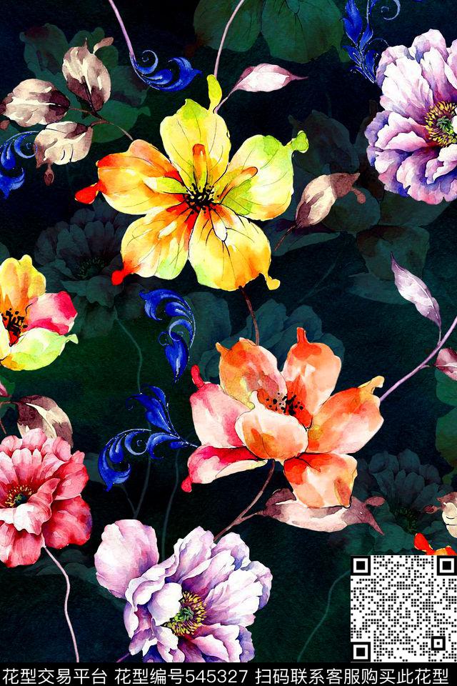 卷草花罂粟水彩画数码印花华亿平台下载（图片编号: 545327） - 瓦栏（Walan）
