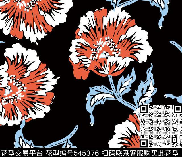 复古花卉大花印花连衣裙传统印花华亿平台下载（图片编号: 545376） - 瓦栏（Walan）