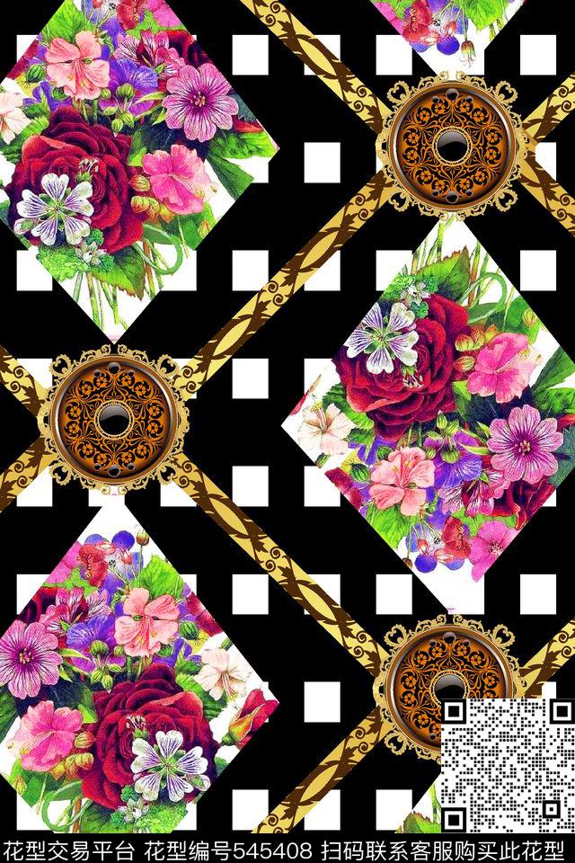 时尚潮流大牌女装格子花卉数码印花华亿平台下载（图片编号: 545408） - 瓦栏（Walan）