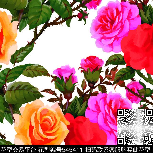 手绘花卉玫瑰花月季花传统印花华亿平台下载（图片编号: 545411） - 瓦栏（Walan）