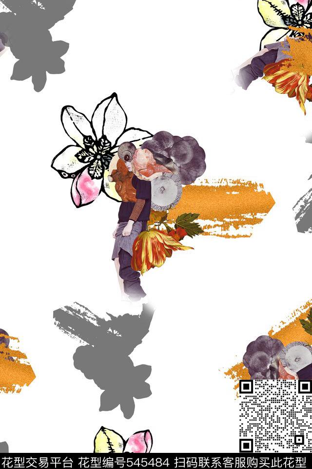抽象人物花卉笔触线条休闲数码印花华亿平台下载（图片编号: 545484） - 瓦栏（Walan）