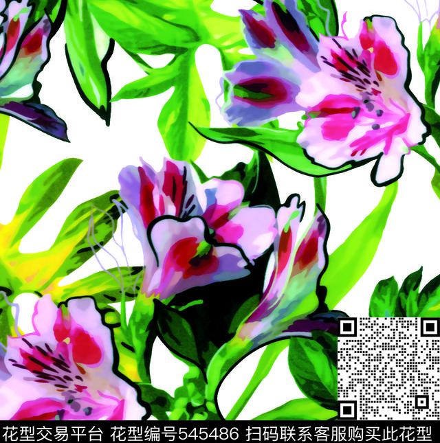 花卉花丛叶子数码印花华亿平台下载（图片编号: 545486） - 瓦栏（Walan）