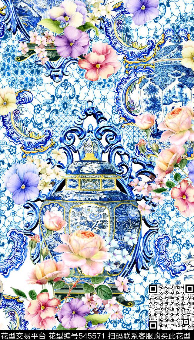 中国风青花瓷花卉数码印花华亿平台下载（图片编号: 545571） - 瓦栏（Walan）