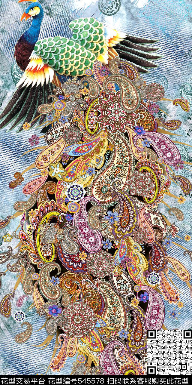 时尚孔雀牛仔布数码印花华亿平台下载（图片编号: 545578） - 瓦栏（Walan）