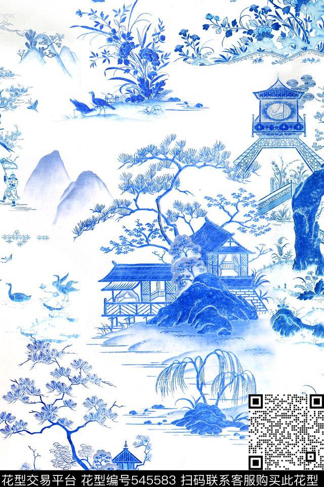 中国风青花瓷风景数码印花华亿平台下载（图片编号: 545583） - 瓦栏（Walan）