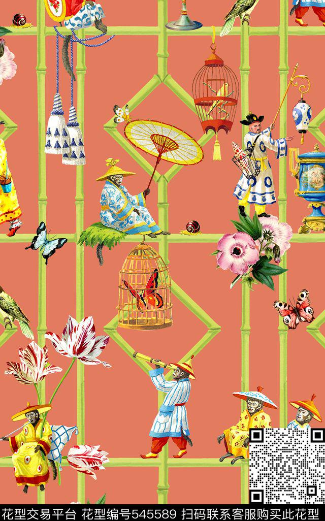 中国风竹子猴子数码印花华亿平台下载（图片编号: 545589） - 瓦栏（Walan）