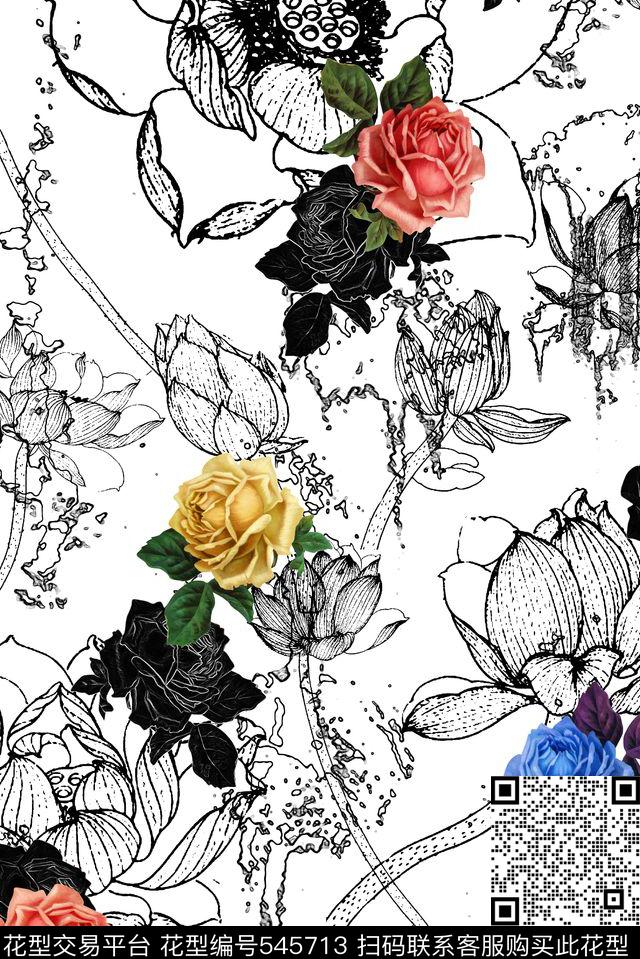 玫瑰清新清爽底花卉数码印花华亿平台下载（图片编号: 545713） - 瓦栏（Walan）