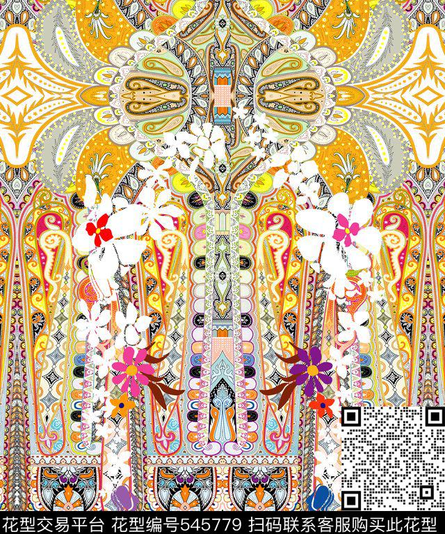 彩花传统实色手绘线条数码印花华亿平台下载（图片编号: 545779） - 瓦栏（Walan）