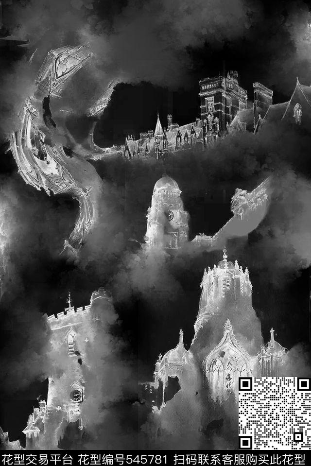 手绘水彩建筑数码印花华亿平台下载（图片编号: 545781） - 瓦栏（Walan）
