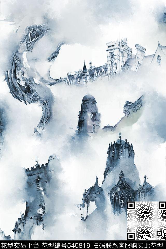 建筑时尚手绘数码印花华亿平台下载（图片编号: 545819） - 瓦栏（Walan）