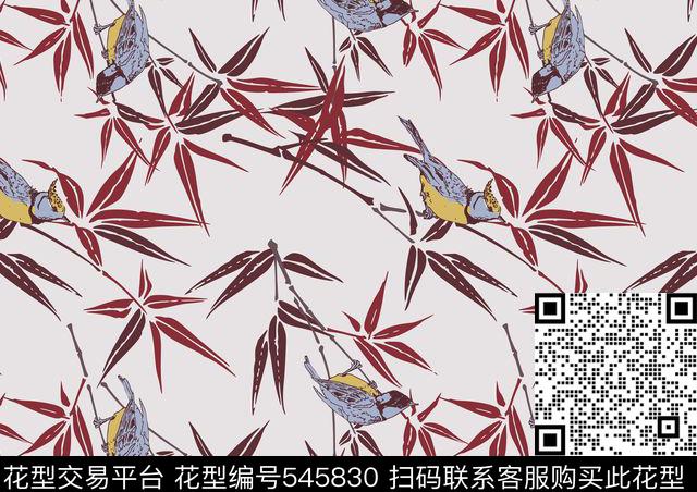 鸟竹子中国元素传统印花华亿平台下载（图片编号: 545830） - 瓦栏（Walan）