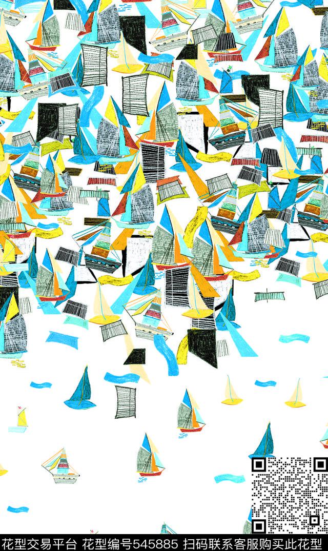 彩色帆船手绘花卉抽象花卉数码印花华亿平台下载（图片编号: 545885） - 瓦栏（Walan）