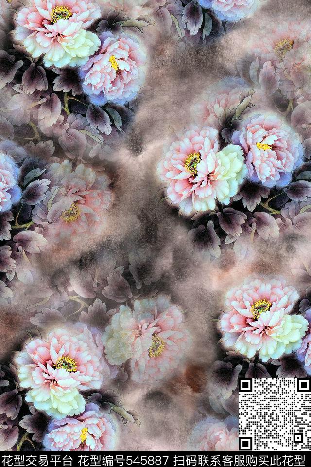 淡色牡丹花国画风格旗袍华亿平台数码印花华亿平台下载（图片编号: 545887） - 瓦栏（Walan）