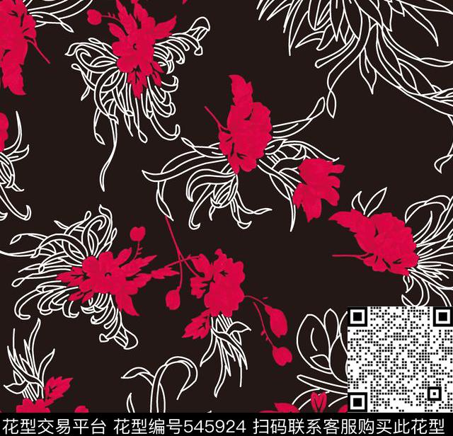 大红色藤蔓花黑底花传统印花华亿平台下载（图片编号: 545924） - 瓦栏（Walan）