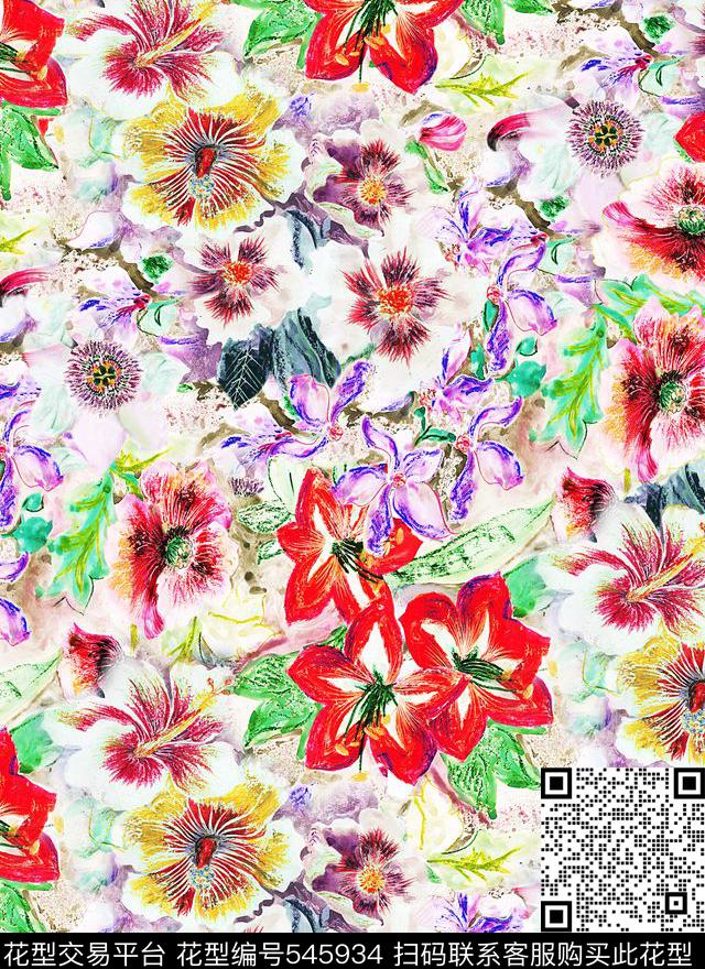 手绘花卉春夏数码印花华亿平台下载（图片编号: 545934） - 瓦栏（Walan）