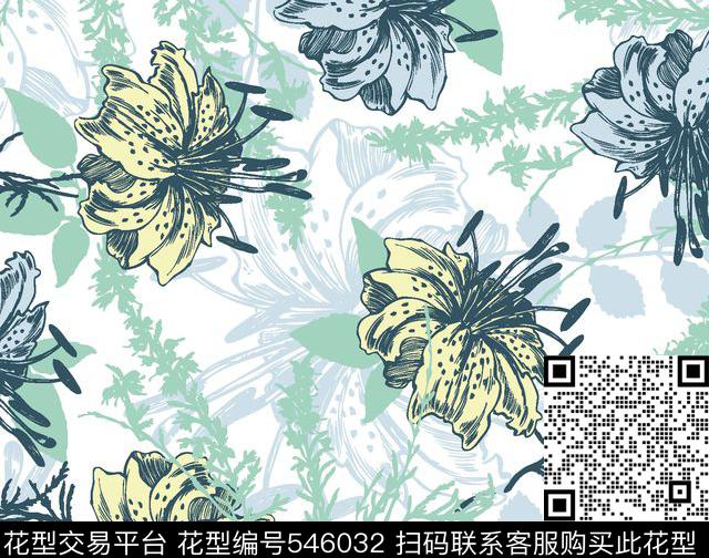 花卉叶子服装传统印花华亿平台下载（图片编号: 546032） - 瓦栏（Walan）