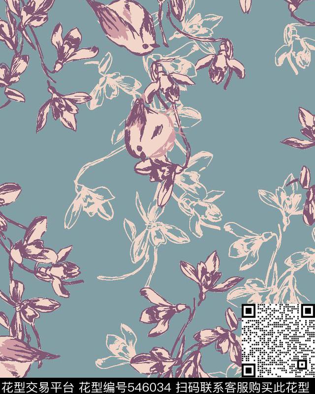 花卉麻雀叶子传统印花华亿平台下载（图片编号: 546034） - 瓦栏（Walan）