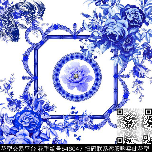 女士典雅方巾青花花卉中国传统青花纹样青花花卉中国名族风数码印花华亿平台下载（图片编号: 546047） - 瓦栏（Walan）