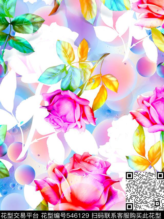 田园风手绘幻彩水波玫瑰欧美流行时尚数码印花华亿平台下载（图片编号: 546129） - 瓦栏（Walan）