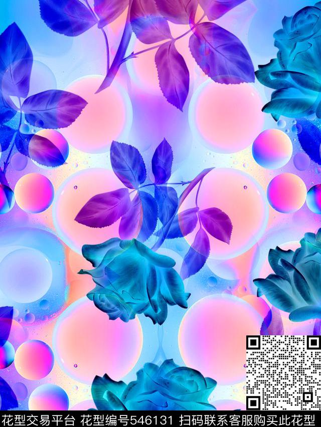 田园风手绘幻彩水波玫瑰欧美流行时尚数码印花华亿平台下载（图片编号: 546131） - 瓦栏（Walan）