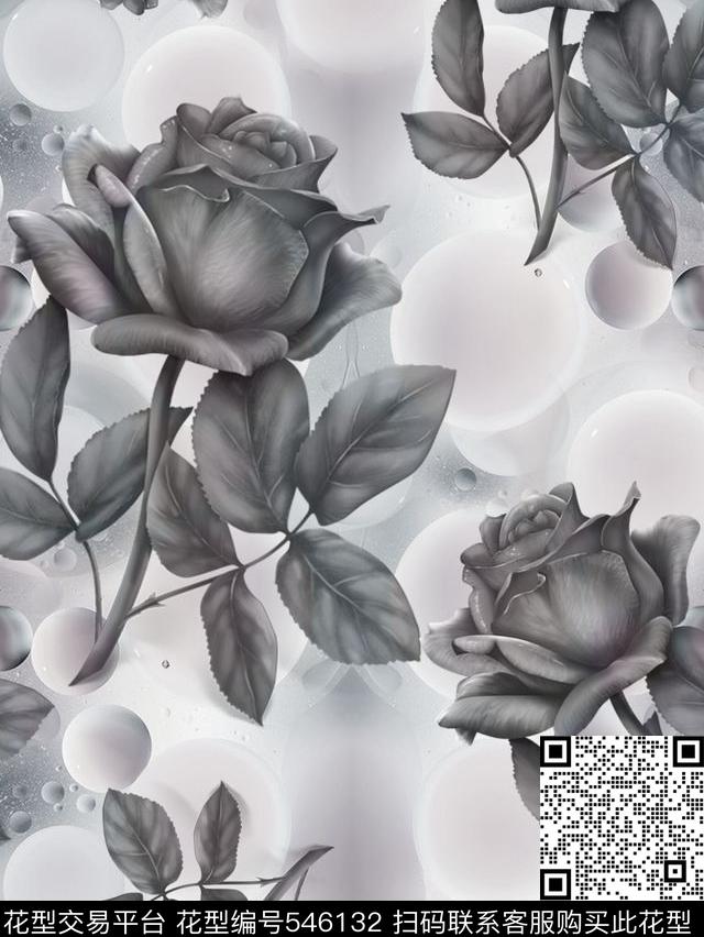 田园风手绘幻彩水波玫瑰欧美流行时尚数码印花华亿平台下载（图片编号: 546132） - 瓦栏（Walan）