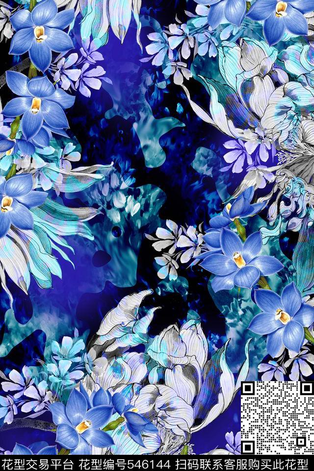 抽象动感手绘花朵时尚大气数码印花华亿平台下载（图片编号: 546144） - 瓦栏（Walan）