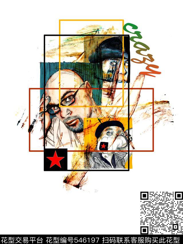 手绘人物头像抽象数码印花华亿平台下载（图片编号: 546197） - 瓦栏（Walan）