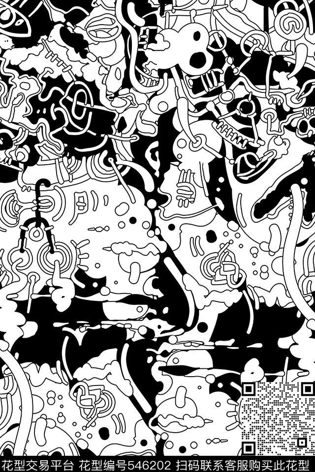 服装面料华亿平台手绘黑白几何线条色块休闲时尚抽象欧美流行黑白简洁传统印花华亿平台下载（图片编号: 546202） - 瓦栏（Walan）