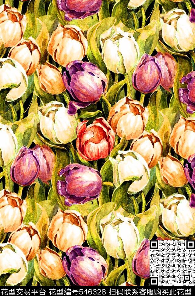 手绘郁金香水彩数码印花华亿平台下载（图片编号: 546328） - 瓦栏（Walan）