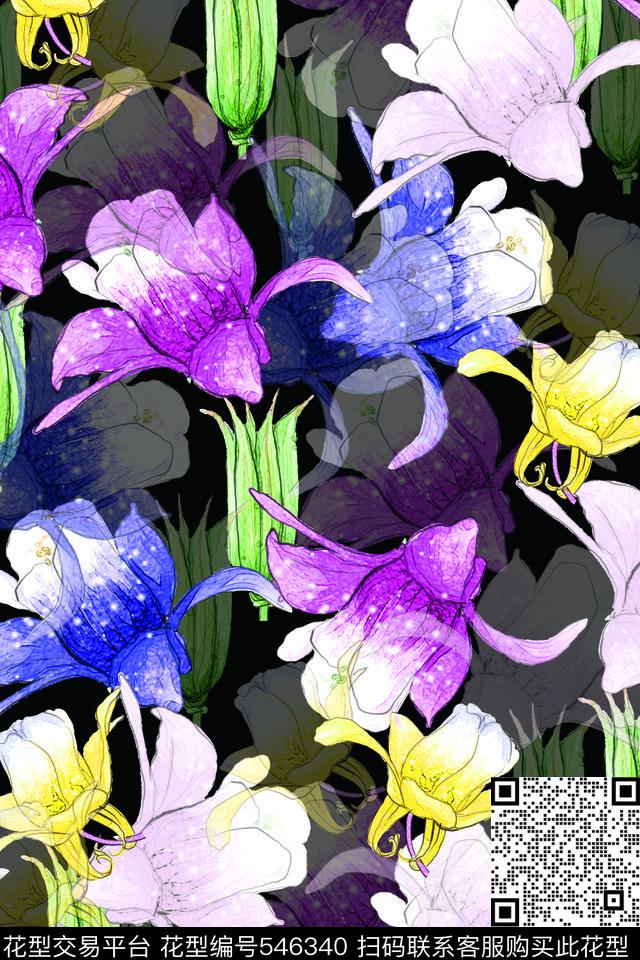 流行时尚手绘花卉数码印花华亿平台下载（图片编号: 546340） - 瓦栏（Walan）