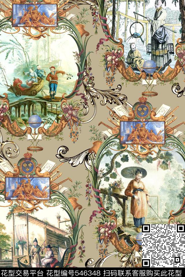 欧式复古卷草数码印花华亿平台下载（图片编号: 546348） - 瓦栏（Walan）