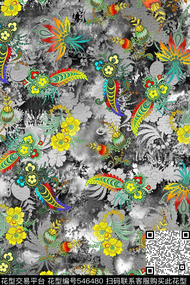 手绘印花复古热带植物数码印花华亿平台下载（图片编号: 546480） - 瓦栏（Walan）