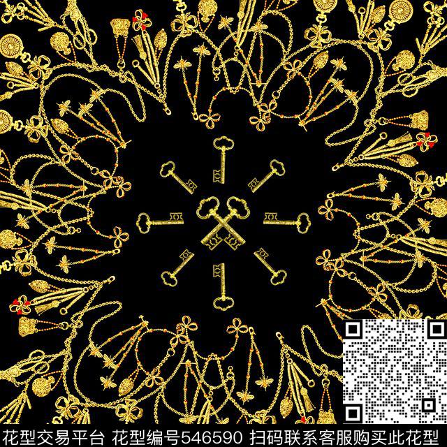 复古大牌女士方巾金属铁链欧式典雅花边钥匙欧式复古宫廷风数码印花华亿平台下载（图片编号: 546590） - 瓦栏（Walan）