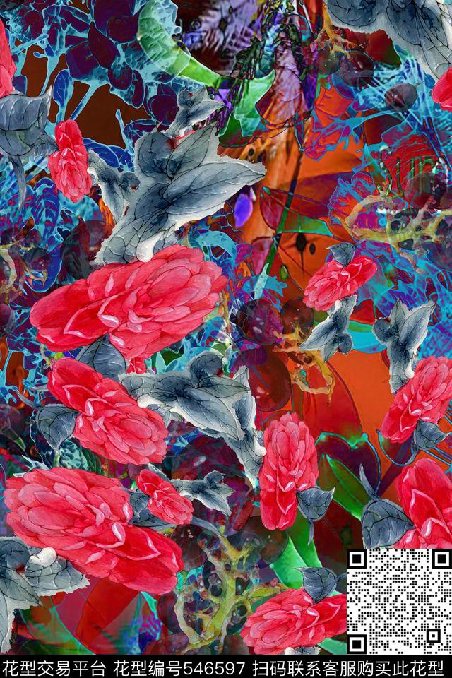 抽象几何欧美风时尚花卉数码印花华亿平台下载（图片编号: 546597） - 瓦栏（Walan）