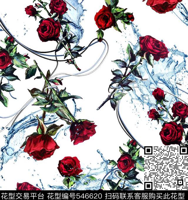 时尚潮流手绘玫瑰水波数码印花华亿平台下载（图片编号: 546620） - 瓦栏（Walan）