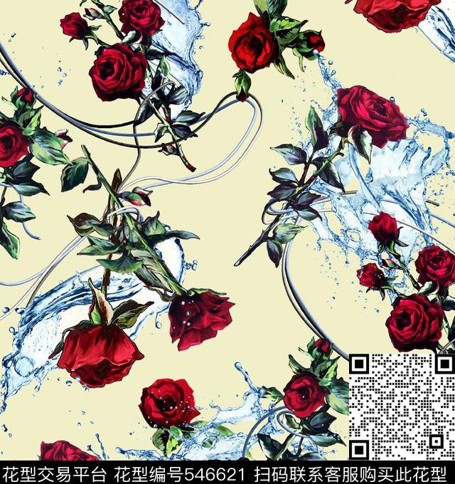 时尚潮流手绘玫瑰水波数码印花华亿平台下载（图片编号: 546621） - 瓦栏（Walan）