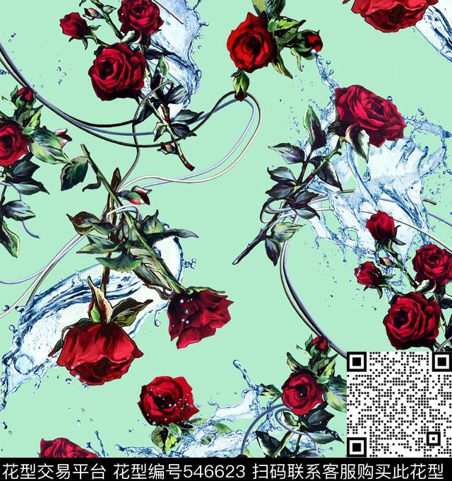 时尚潮流手绘玫瑰水波数码印花华亿平台下载（图片编号: 546623） - 瓦栏（Walan）