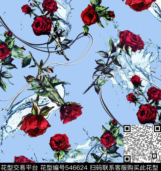 时尚潮流手绘玫瑰水波数码印花华亿平台下载（图片编号: 546624） - 瓦栏（Walan）