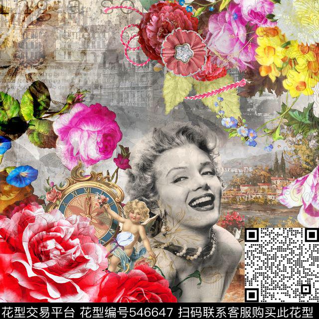 流行时尚女士休闲大牌方巾人物油画花卉海报玫瑰花数码印花华亿平台下载（图片编号: 546647） - 瓦栏（Walan）