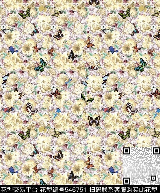 花卉组合时尚排列优雅蝴蝶数码印花华亿平台下载（图片编号: 546751） - 瓦栏（Walan）