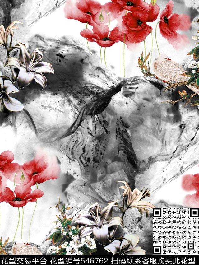 中国风花卉鸟数码印花华亿平台下载（图片编号: 546762） - 瓦栏（Walan）